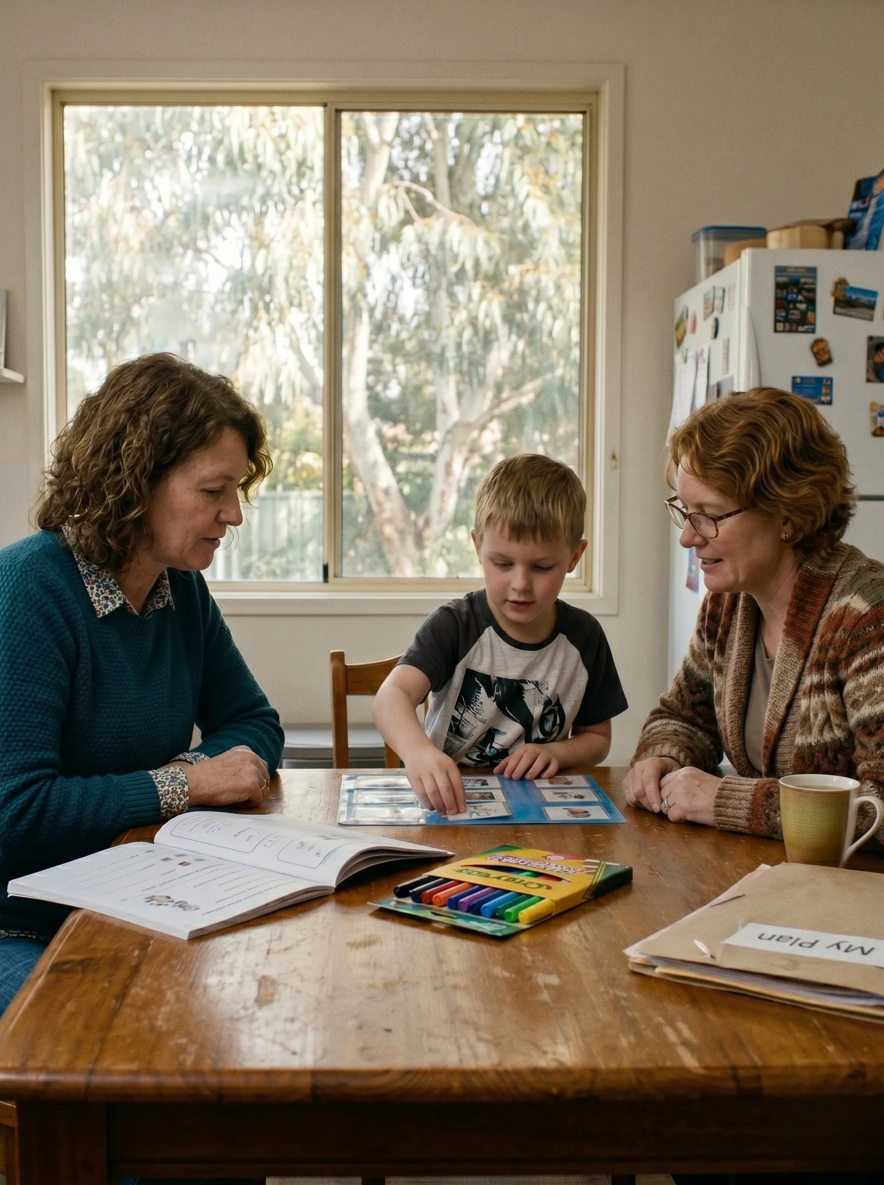 An Edulink Support Services practitioner conducting an in-home developmental education and specialist behaviour support session with a young boy and his parent.