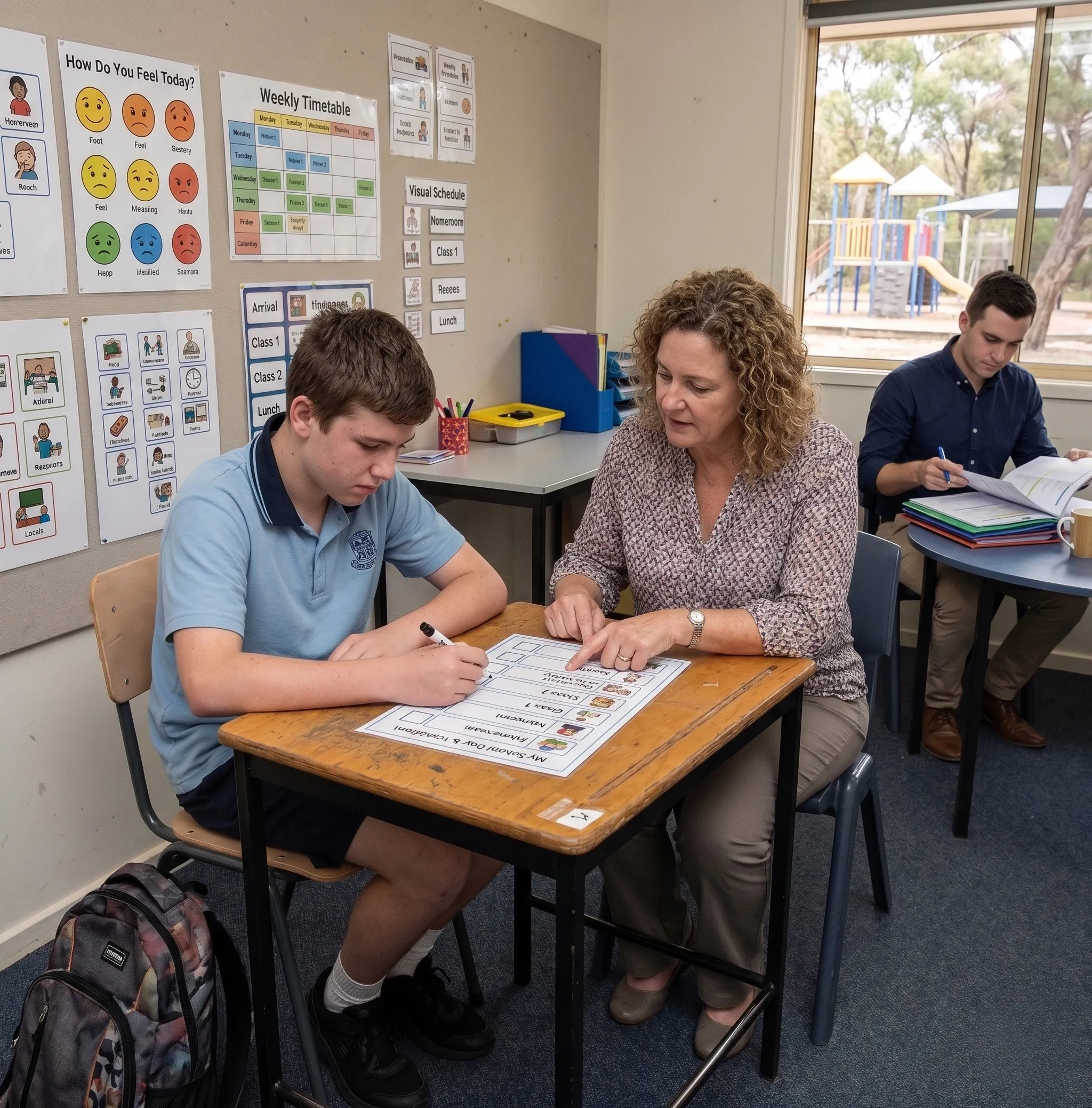 An Edulink Support Services practitioner delivering in-school specialist behaviour support and tailored developmental education strategies to a student using a visual schedule in a classroom.